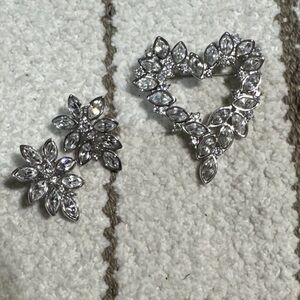 Monet Silver Floral and Heart Brooch Earring Set